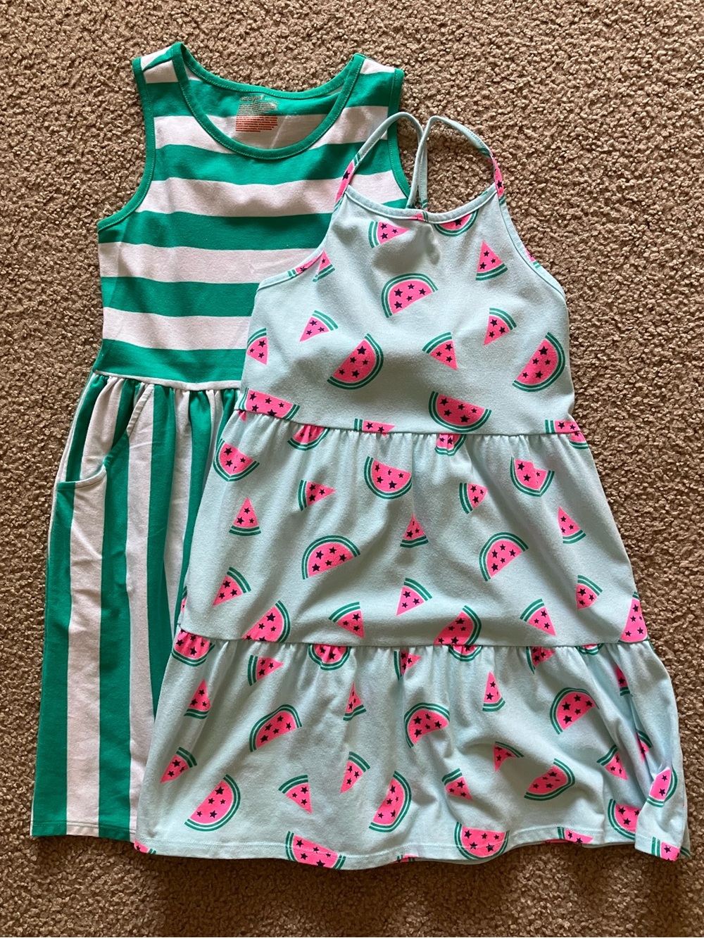 Pair of Cat & Jack Dresses: Green Striped Dress and Watermelon Print Dress
